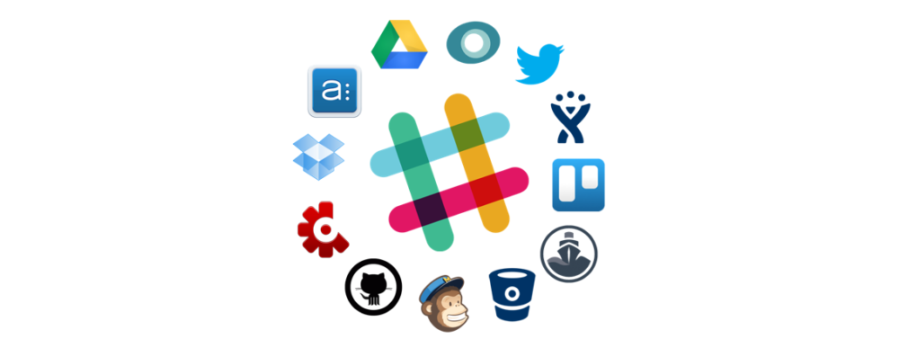 Many application logos circling one big Slack logo