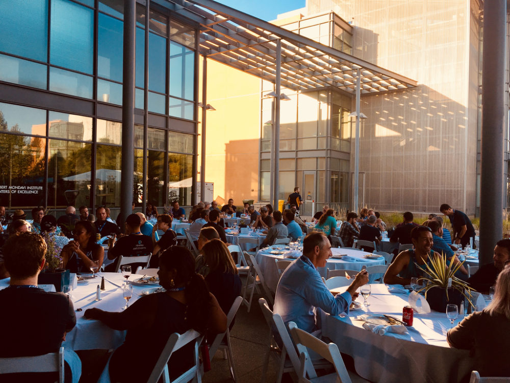 Attendees enjoying an outdoor reception