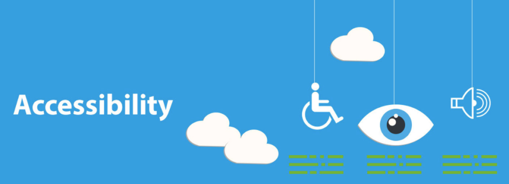 Accessibility graphic, clouds, wheelchair, eyeball on blue background