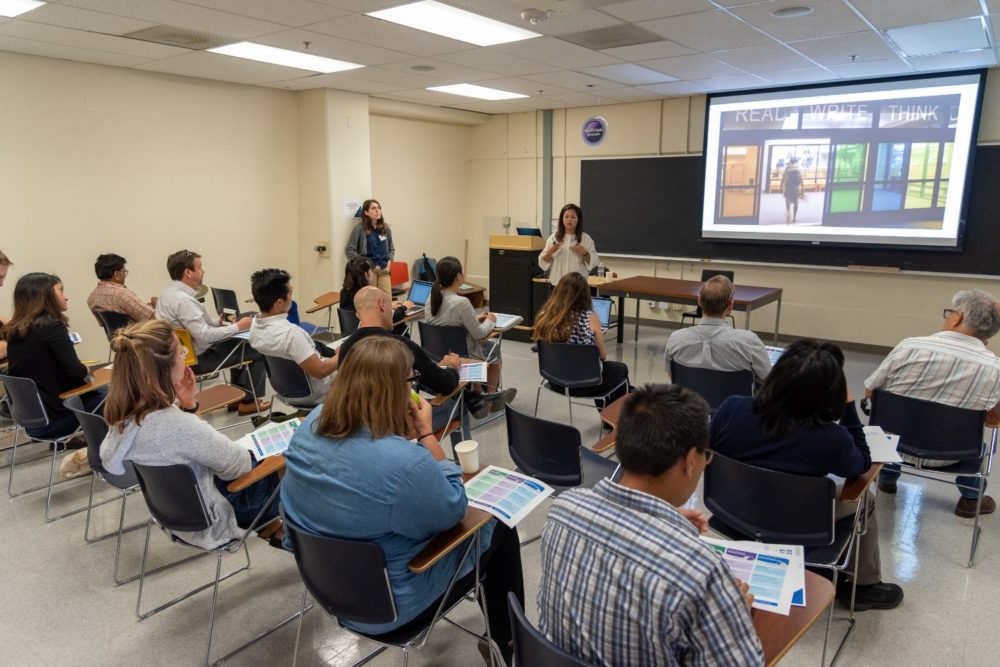 A presentation taking place in a classroom at the Fall 2019 EdTech Showcase at UCSD.