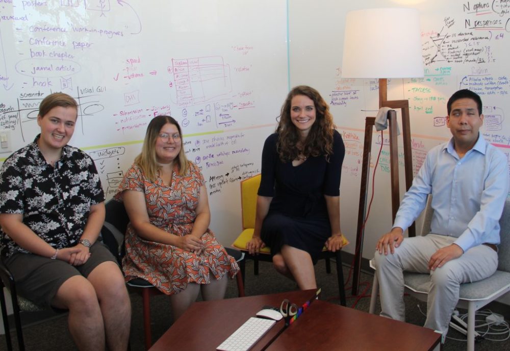 Researchers working on wayfinding technology for older adults and individuals with vision impairments (from left): Ph.D. student Emory Edwards, M.S. student Maya Gupta, Professor Stacy Branham and undergraduate Hipolito Ruiz.