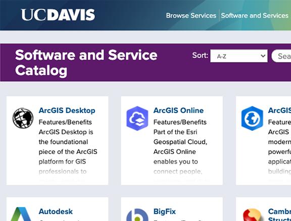 Screenshot of UC Davis' Software and Service Catalog