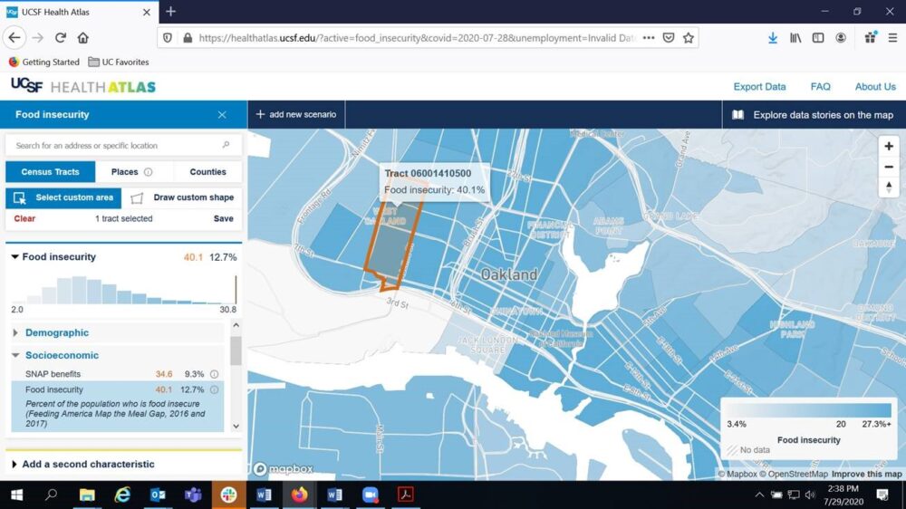 A map from the UCSF Health Atlas depicting 40.1% food insecurity in a West Oakland, CA neighborhood. California’s average food insecurity is 12.7%.