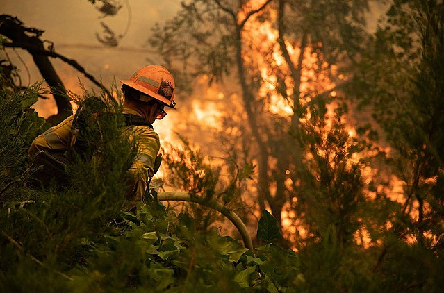 A firefighter walking towards a wildfire