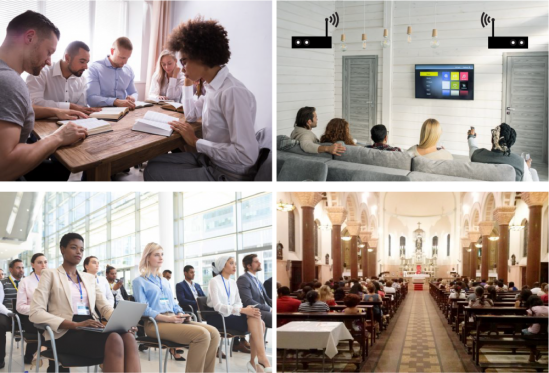 Four photos of people seated in a room