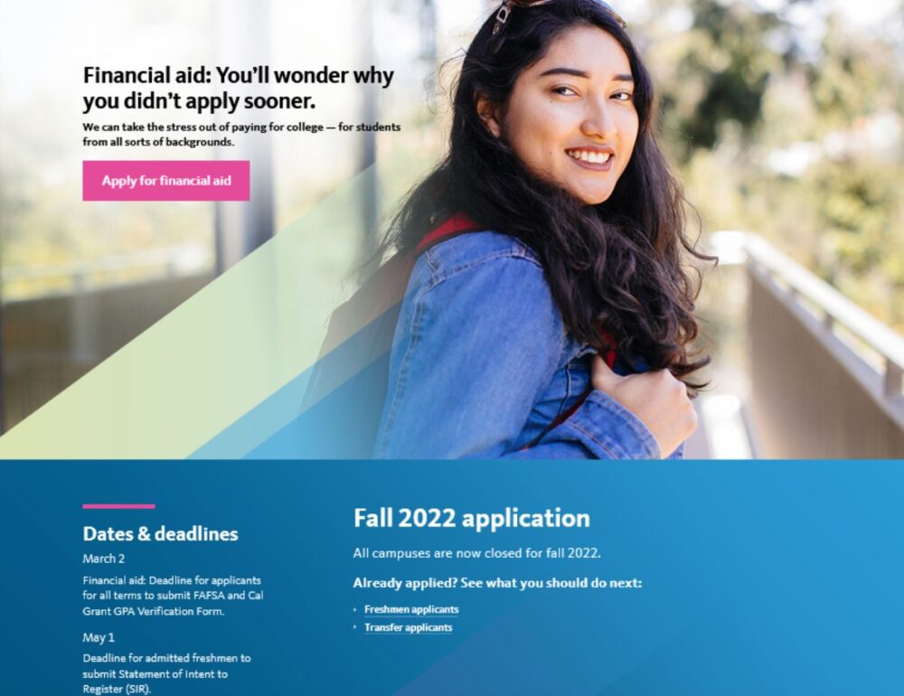 UC Admissions web site screenshot