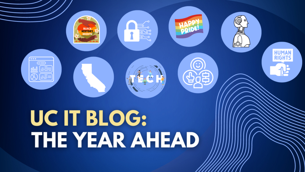 "uc it blog: the year ahead" with icons relating to IT and holidays