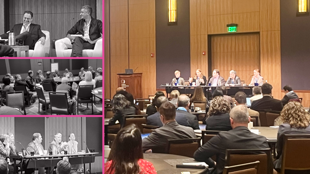 UC AI Congress snapshots with primary image featuring Lucy Avetisyan gesturing on a panel with Janet Napolitano