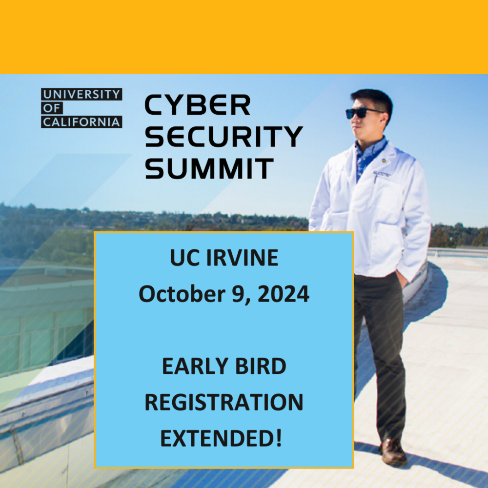 Man in lab coat - UC Cyber Security Summit banner with logo and date