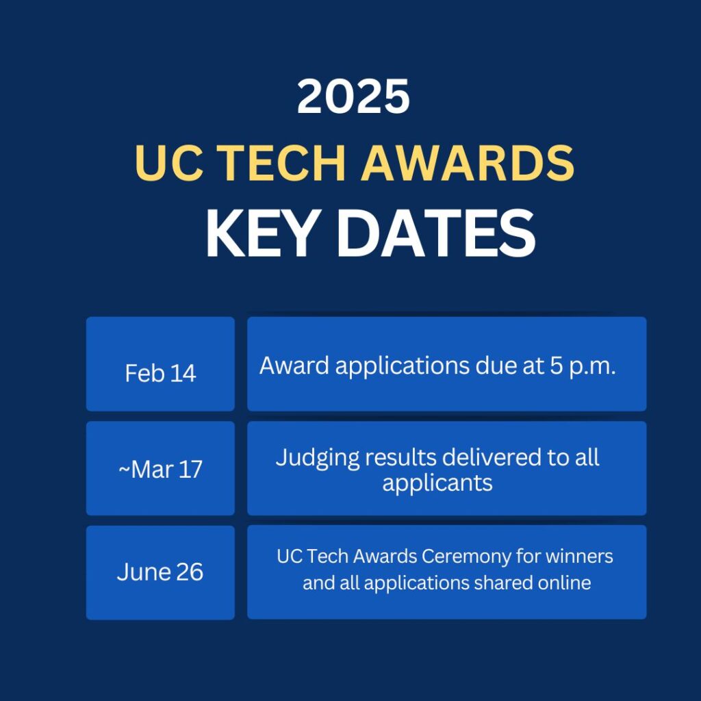 2024 uC Tech Awards key dates - Feb 14 (applications due), March 17 (applicants notified of status), June 26 - UC Tech Awards