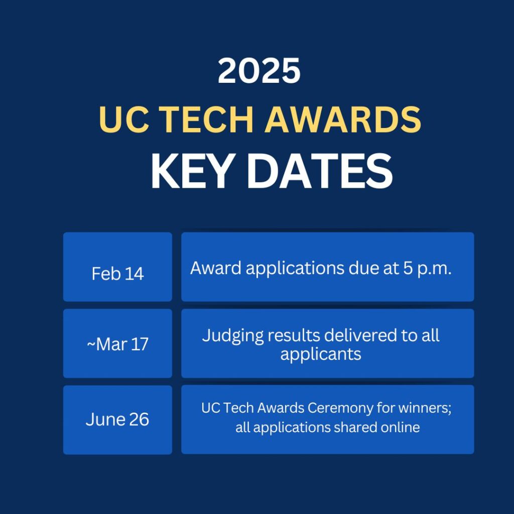 UC Tech Awards key dates - Feb 14 (applications due), March 17 judging results shared with applicants; June 26 - awards ceremony and press release issued