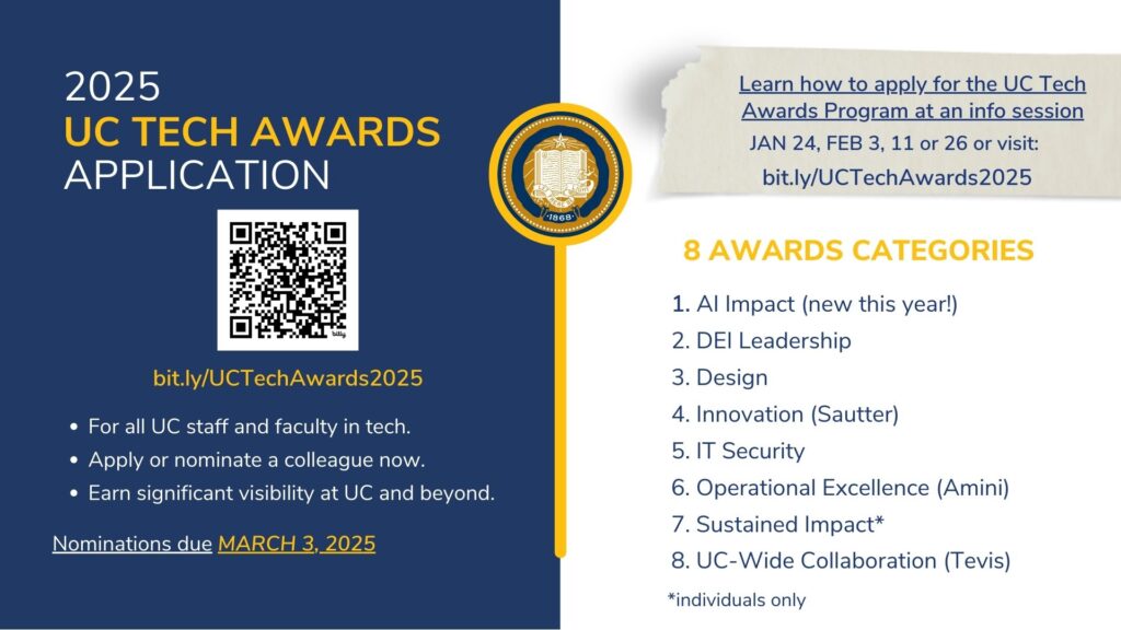 UC Tech Awards Banner with all information in this landing page - awards categories, key deadlines and webinar dates 