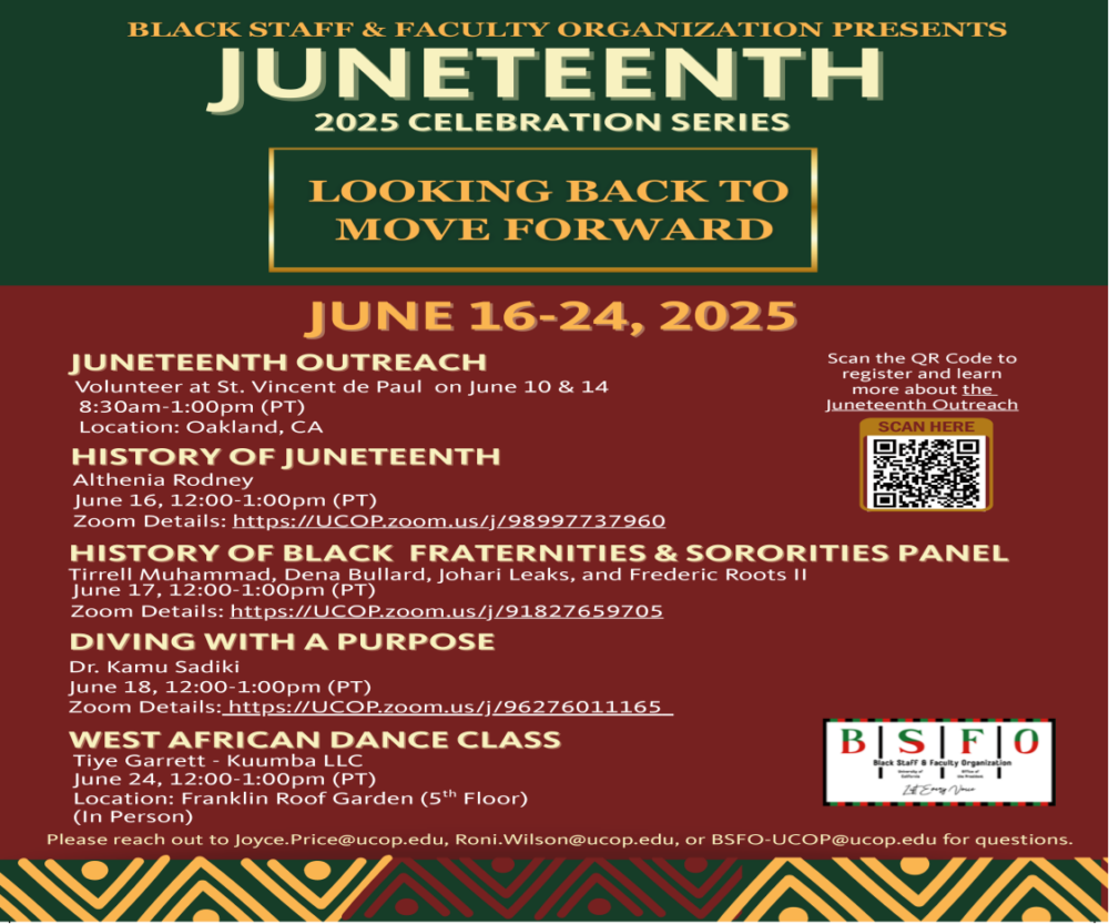 Juneteenth 2025 flyer listing BSFO events, Zoom links, a dance class, and a QR code for outreach registration.