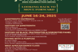 Juneteenth 2025 flyer listing BSFO events, Zoom links, a dance class, and a QR code for outreach registration.