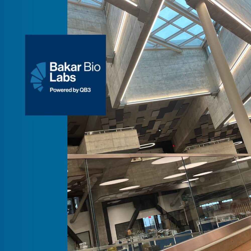 Image of Bakar Bio Labs - modern interior with sky lights - with logo that also says Powered by QB3
