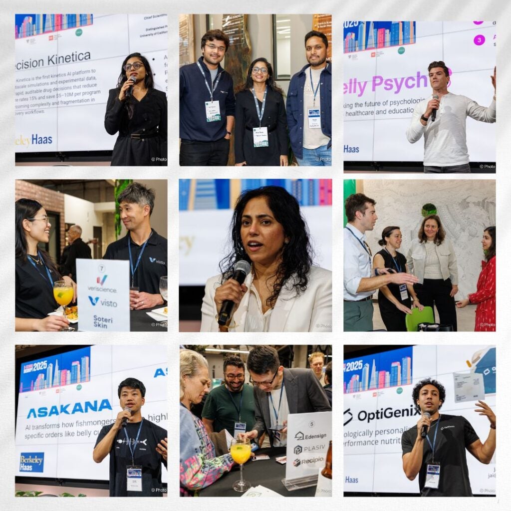 People presenting and mingling at B-School Disrupt.