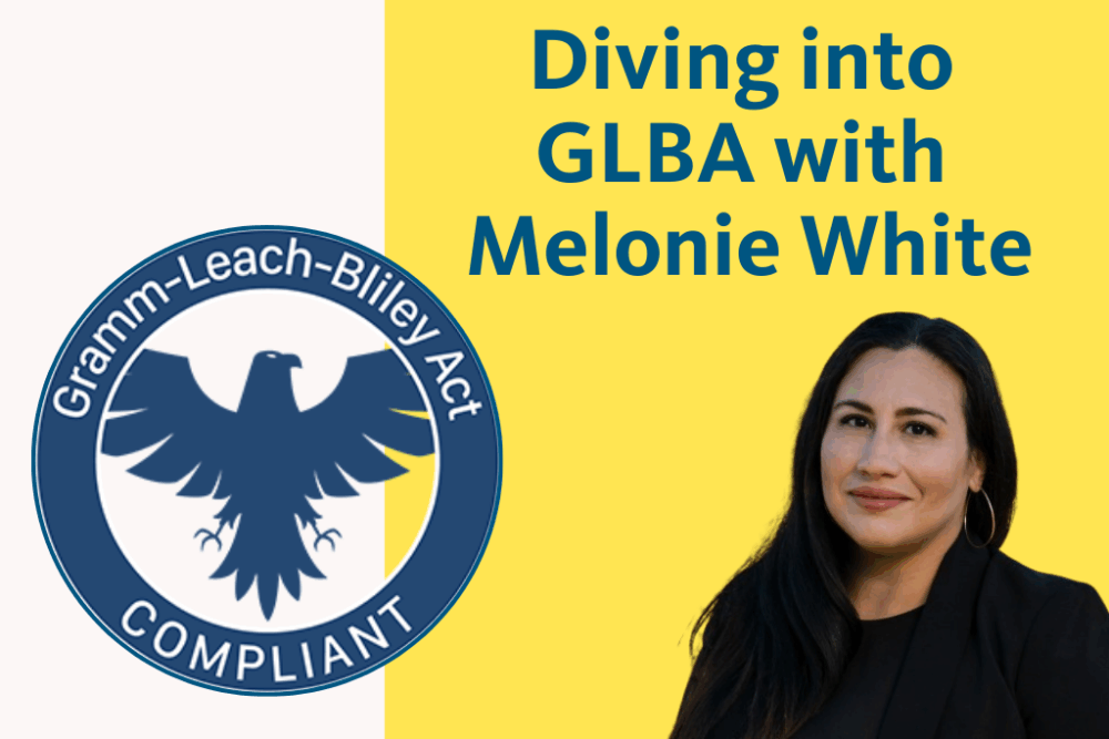 text: Diving in GLBA with Melonie White with photo of Melonie and the Gramm-Leach-Bliley-Act Compliant icon