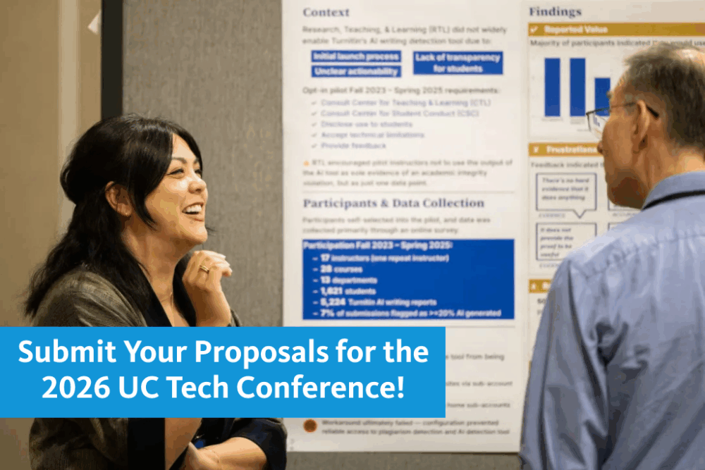 UC Tech 2025 poster presenter with text: Submit Your Proposals for UC Tech Conference