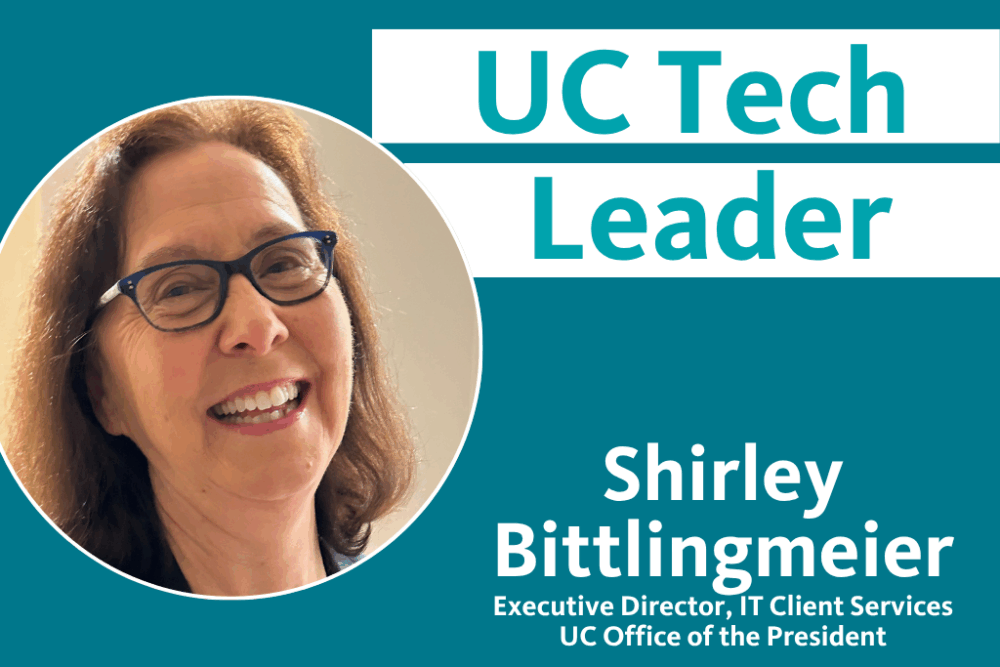 UC Tech Leader Shirley Bittlingmeier Executive Director, IT Client Services, UC Office of the President with photo in a circle of Shirley
