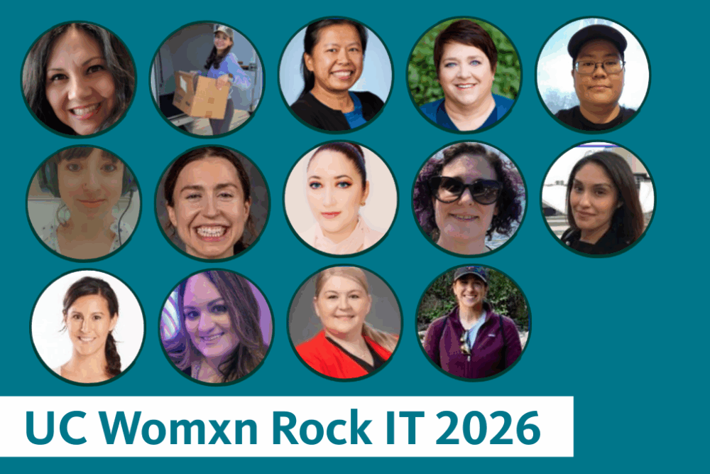 Womxn Rock IT blog header with photos of 14 UC IT professionals included in article