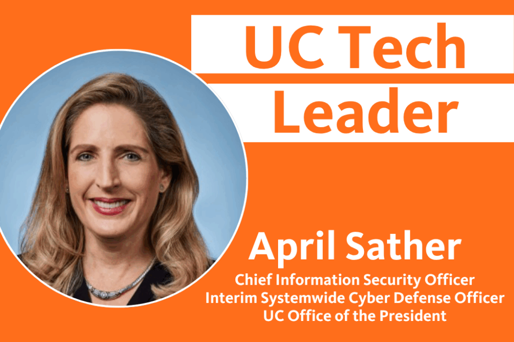 text: UC Tech Leader April Sather with a photo of April Sather