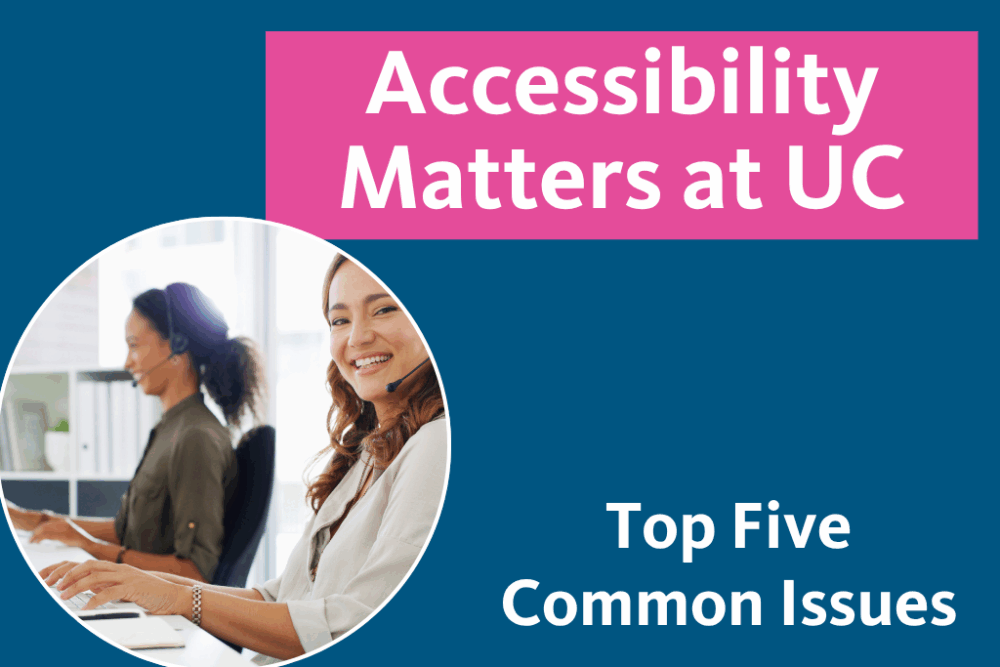 text: Accessibility Matters: Top Five Common Issues with image of a woman on a computer looking at the camera and smiling