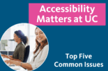 text: Accessibility Matters: Top Five Common Issues with image of a woman on a computer looking at the camera and smiling