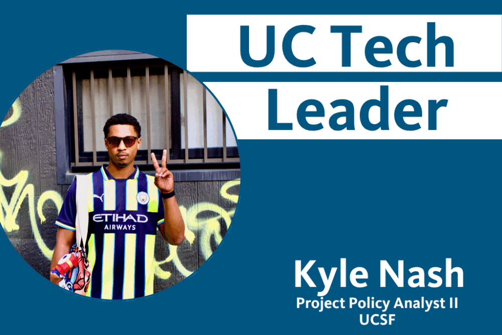 UC Tech Leader Kyle Nash with a photo of Kyle Nash in a striped shirt in circle