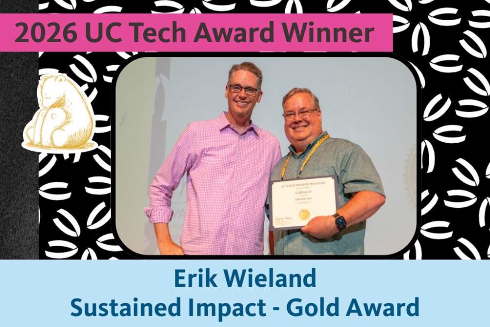 2026 UC Tech Award Winner Erik Wieland – Sustained Impact Gold award with Marlon Lee.