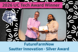 FutureFarmNow team representative, Suryaa Charan Shivakumar, holds the Silver Larry L. Sautter for Innovation in IT Award certificate and poses for a photo with UC Merced CIO Nick Dugan.