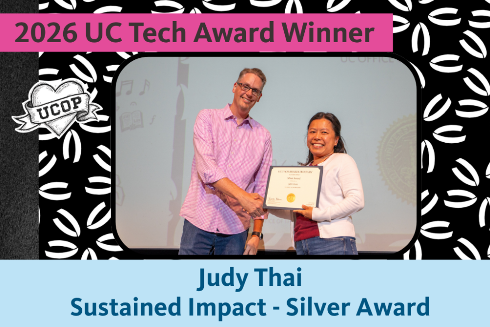 2026 UC Tech Award Winner Judy Thai – Sustained Impact Silver award with Marlon Lee.