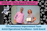 ITS Continuous Improvement team representative, Robyn Chadwick, holds the Gold Mojgan A. Amini Operational Excellence Award certificate and poses for a photo with UC Merced CIO Nick Dugan.