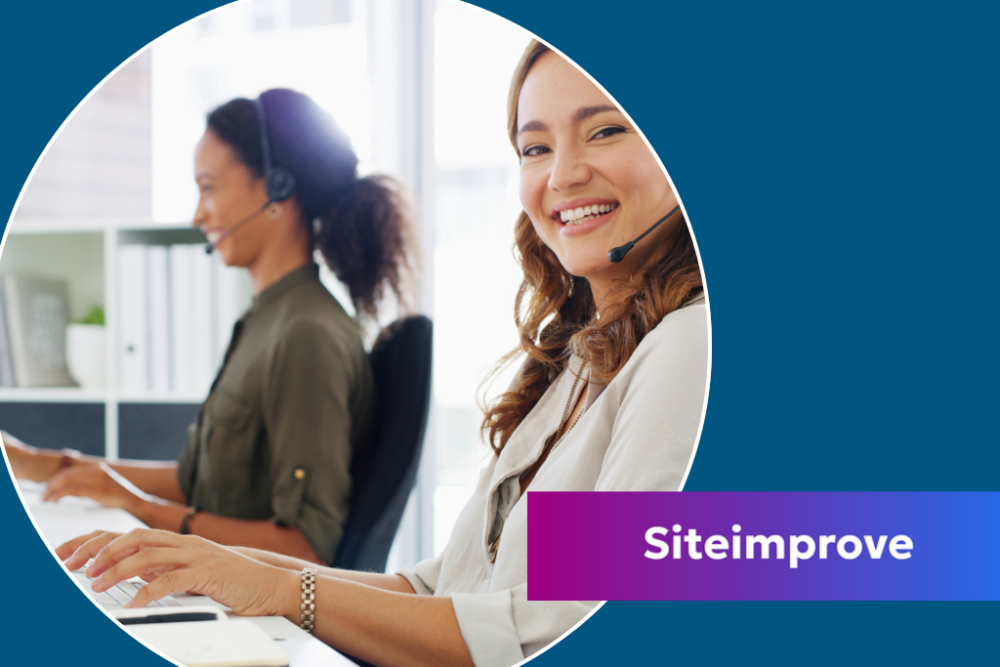 image of a woman smiling with sitting at a computer with the siteimprove logo
