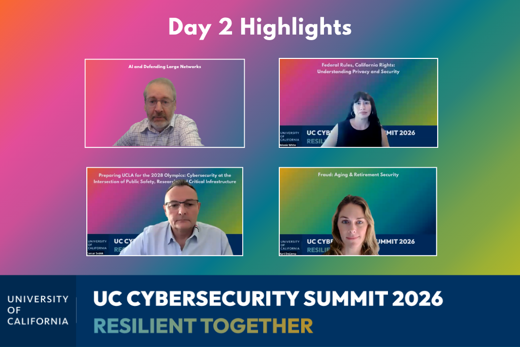 Day two highlights UC Cybersecurity Summit with images of 4 speakers in Zoom squares