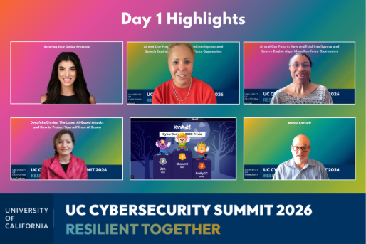 Day one highlights UC Cybersecurity Summit with images of speakers, trivia icons, and Monte Ratzlaff